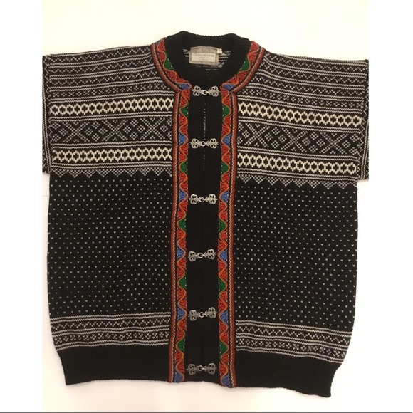 Norlaender - VTG Black/Cream Nordic Style Wool Cardigan Jacket  Sz L Wom… - Picture 2 of 12